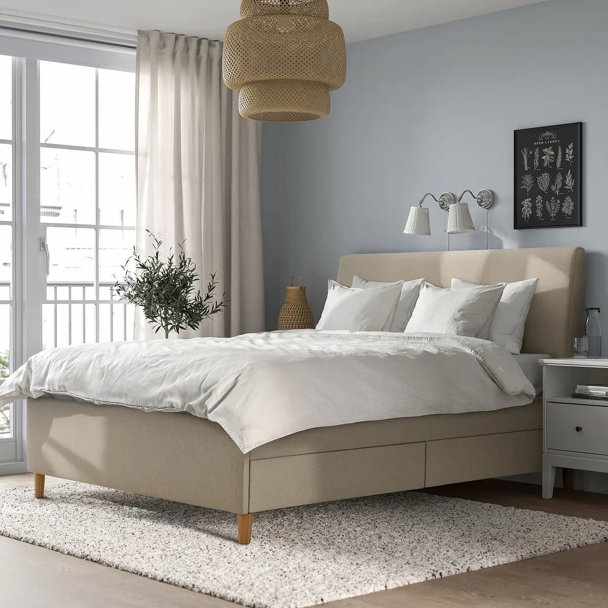 IKEA IDANÄS Upholstered storage bed, Naggen beige Queen [Length 88 5/8 ", Width 64 ", Footboard height 19 1/4 "]