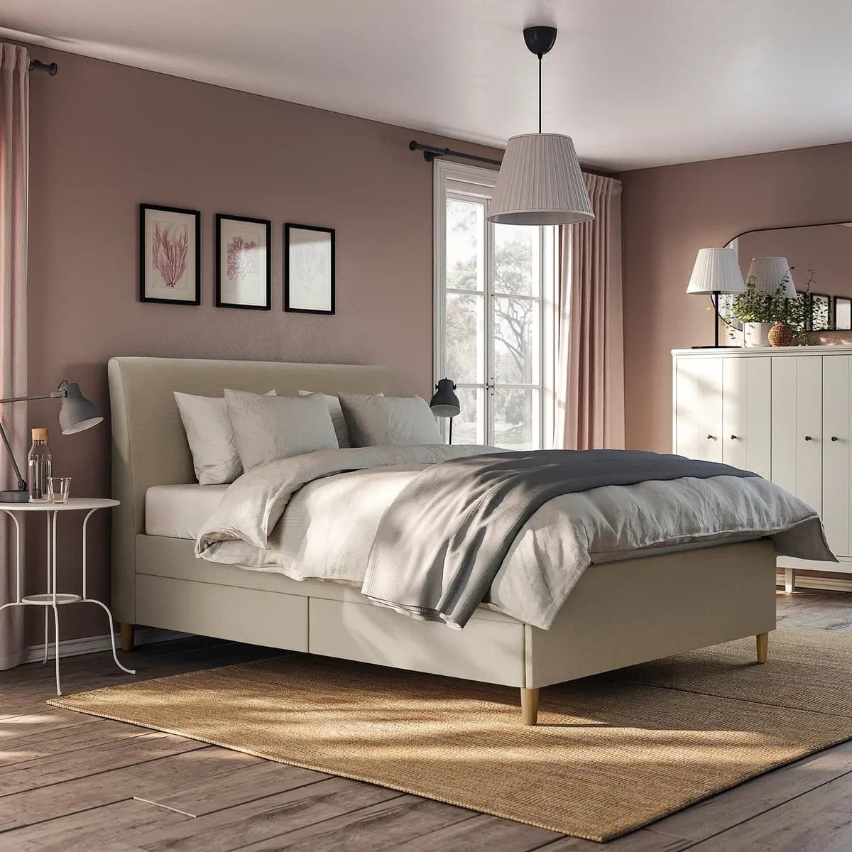 IKEA IDANÄS Upholstered storage bed, Naggen beige Queen [Length 88 5/8 ", Width 64 ", Footboard height 19 1/4 "]