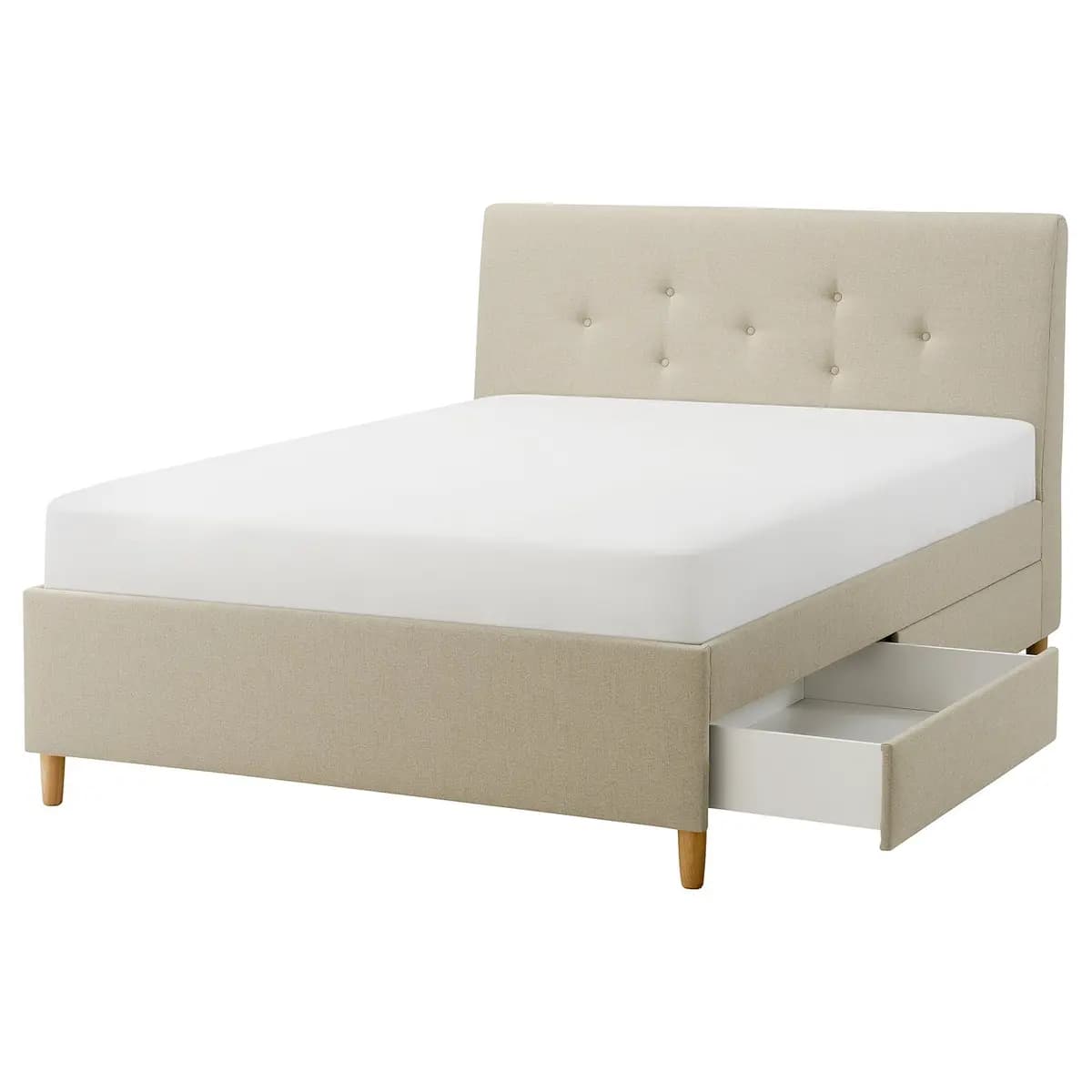 IKEA IDANÄS Upholstered storage bed, Naggen beige Queen [Length 88 5/8 ", Width 64 ", Footboard height 19 1/4 "]