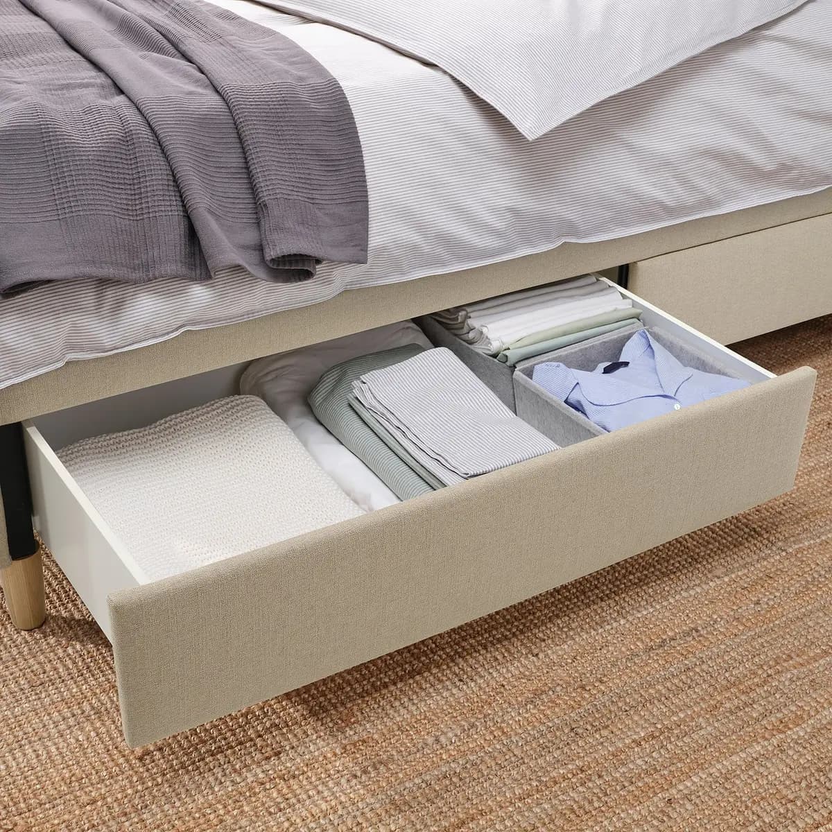 IKEA IDANÄS Upholstered storage bed, Naggen beige Queen [Length 88 5/8 ", Width 64 ", Footboard height 19 1/4 "]