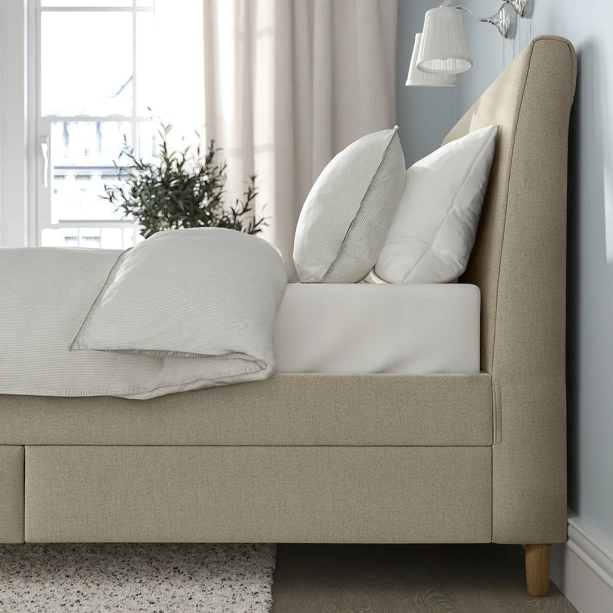 IKEA IDANÄS Upholstered storage bed, Naggen beige Queen [Length 88 5/8 ", Width 64 ", Footboard height 19 1/4 "]