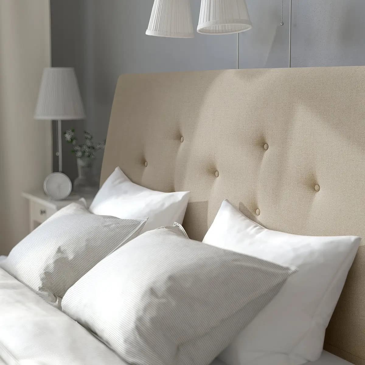 IKEA IDANÄS Upholstered storage bed, Naggen beige Queen [Length 88 5/8 ", Width 64 ", Footboard height 19 1/4 "]