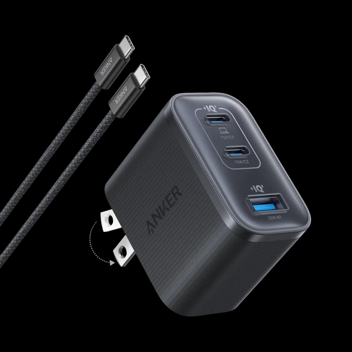 Anker Nano Charger (70W, 3 Ports) [70W, 100-240V~ 50 / 60Hz, 1.8A Max, 5V⎓3A / 9V⎓3A / 15V⎓3A / 20V⎓3.5A (70W Max)]