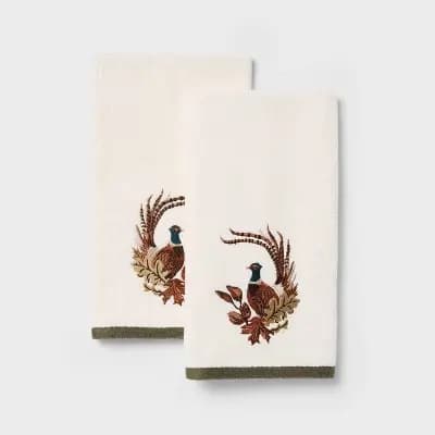 Threshold 2pk Pheasant Embroidered Harvest Hand Towel Set White - Thresholdâ„¢ [100% Cotton, Lightweight (300-450 GSM), Shirley]