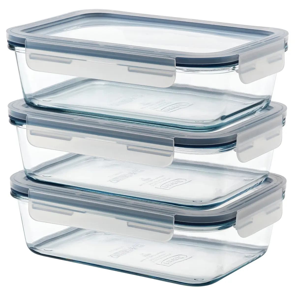 IKEA 365+ food container with lid, rectangular/glass, 34 oz [Length 8 ¼ ", Width 6 ", Height 2 ¼ ", Volume 34 oz]