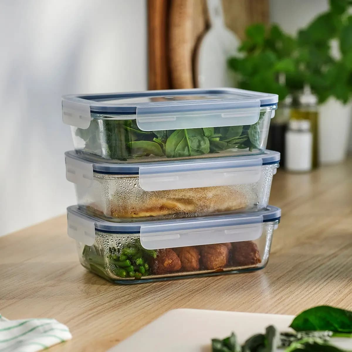 IKEA 365+ food container with lid, rectangular/glass, 34 oz [Length 8 ¼ ", Width 6 ", Height 2 ¼ ", Volume 34 oz]