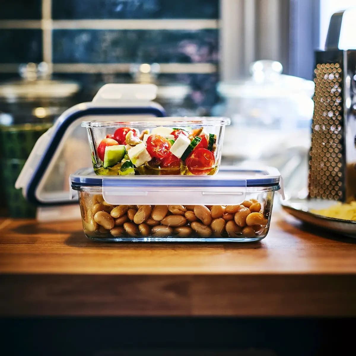 IKEA 365+ food container with lid, rectangular/glass, 34 oz [Length 8 ¼ ", Width 6 ", Height 2 ¼ ", Volume 34 oz]