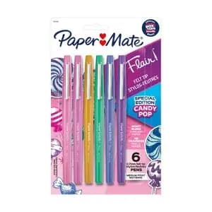 Paper Mate Flair Candy Pop 6pk Felt Pens 0.7mm Medium Tip Multicolored: Papermate Colorful Pens for Journaling & Stationery [Features Pocket Clip, Ink Color Multicolored, Point siz