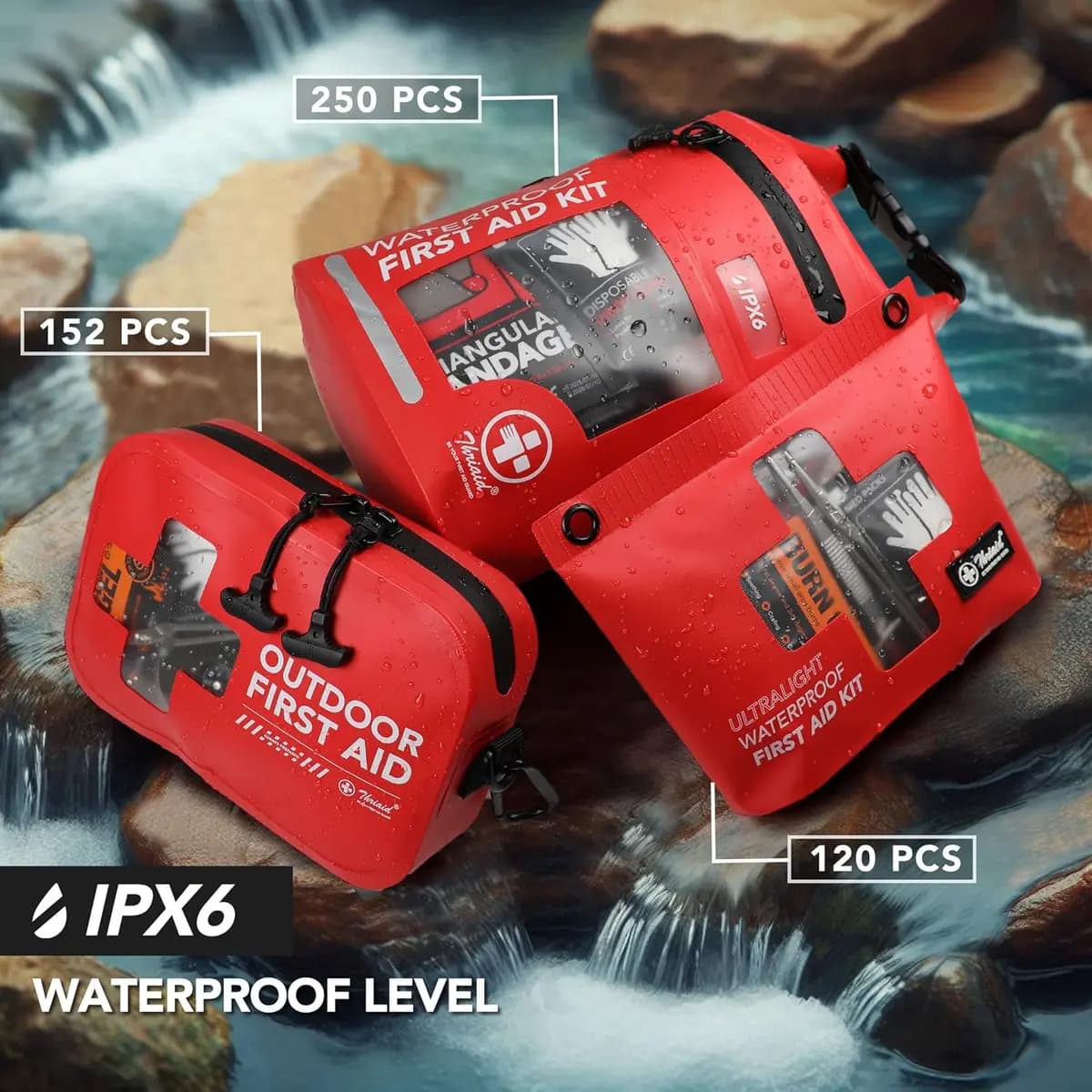 THRIAID 152 PCS Waterproof First Aid Kit, Small Portable Outdoor Boat Safety Bag [THRIAID, Waterproof, 152]
