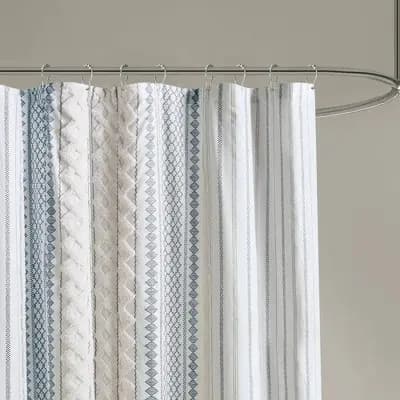 Ink+Ivy Imani Cotton Print Elegant Soft Shower Curtain with Chenille Navy Blue/White: Mid-Century Modern, Machine Washable, Buttonhole Top [100% Cotton, Chenille, 1.87 Pounds]