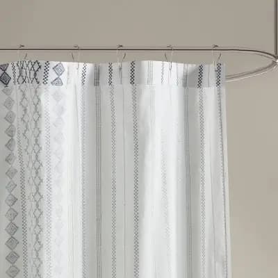 Ink+Ivy Imani Cotton Print Elegant Soft Shower Curtain with Chenille Navy Blue/White: Mid-Century Modern, Machine Washable, Buttonhole Top [100% Cotton, Chenille, 1.87 Pounds]