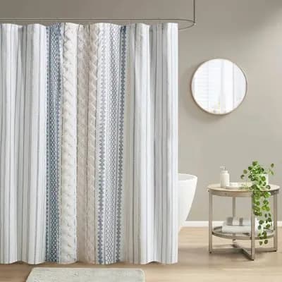 Ink+Ivy Imani Cotton Print Elegant Soft Shower Curtain with Chenille Navy Blue/White: Mid-Century Modern, Machine Washable, Buttonhole Top [100% Cotton, Chenille, 1.87 Pounds]