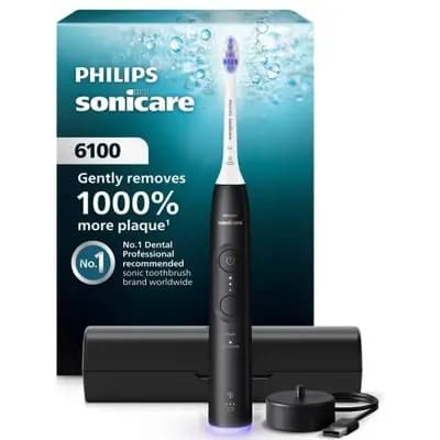 Philips Sonicare 6100 Rechargeable Electric Toothbrush with Travel Case and Brush Head - Black [8 Years and Up, Medium, Full]