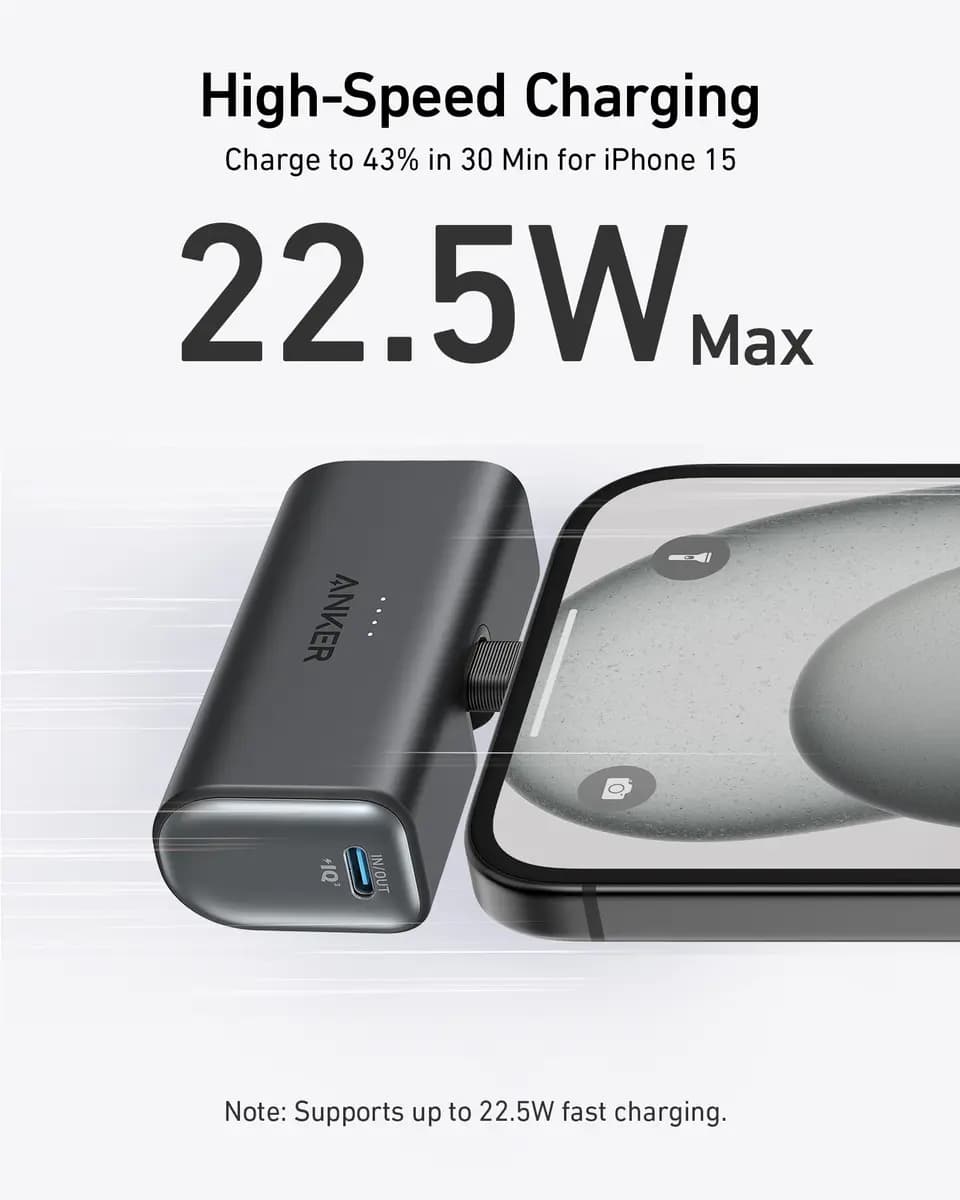Anker Nano Power Bank (22.5W, Built-In USB-C Connector) [5,000mAh, 5V⎓3A / 9V⎓2A, 5V⎓3A / 9V⎓2.22A / 10V⎓2.25A]