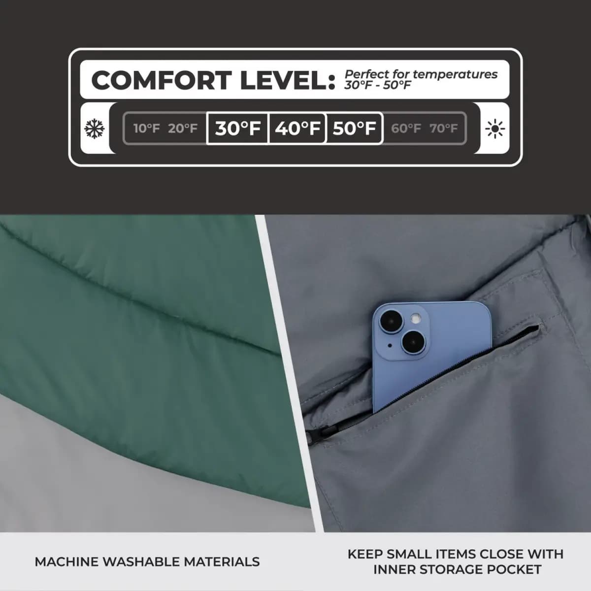 CORE CORE Equipment 30F Rectangle Sleeping Bag [100% polyester, 204, 30 - 39 Degrees]
