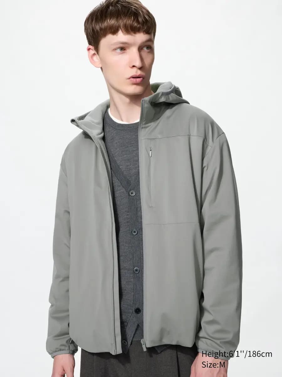Uniqlo Windproof Fleece Full-Zip Hoodie Gray [Shell: 100% Polyester/ Lining: 100% Polyester, Imported, Windproof film helps keep cold air out.]
