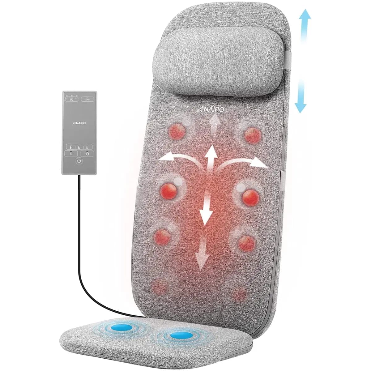 Naipo Full Body Shiatsu Massage Cushion, Gray [6 shiatsu nodes, 3 back zones, heat]