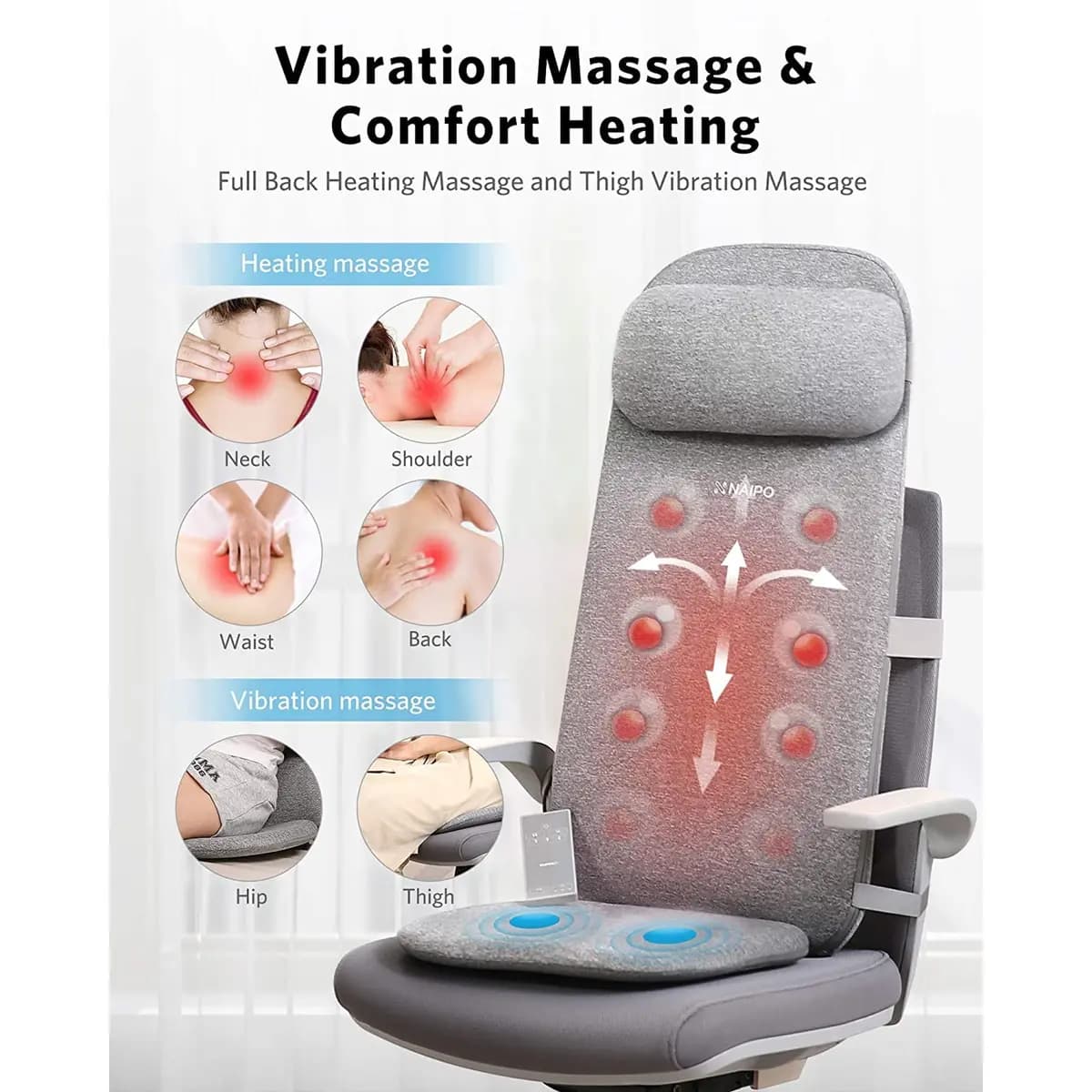 Naipo Full Body Shiatsu Massage Cushion, Gray [6 shiatsu nodes, 3 back zones, heat]