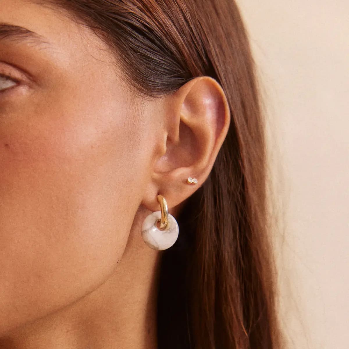 BaubleBar Shea Semi-Precious Drop Earrings - Howlite [Thick gold huggie with a semi-precious charm, Semi-precious howlite to inspire tranquility, Lightweight and comfortable for ev