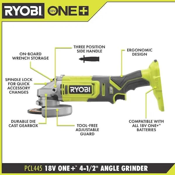 RYOBI ONE+ 18V Cordless 4-1/2 in. Angle Grinder (Tool Only), PCL445B [Amperage (A): 0.0 A, Battery Amp Hours: No Battery, Battery Power Type: Lithium Ion]
