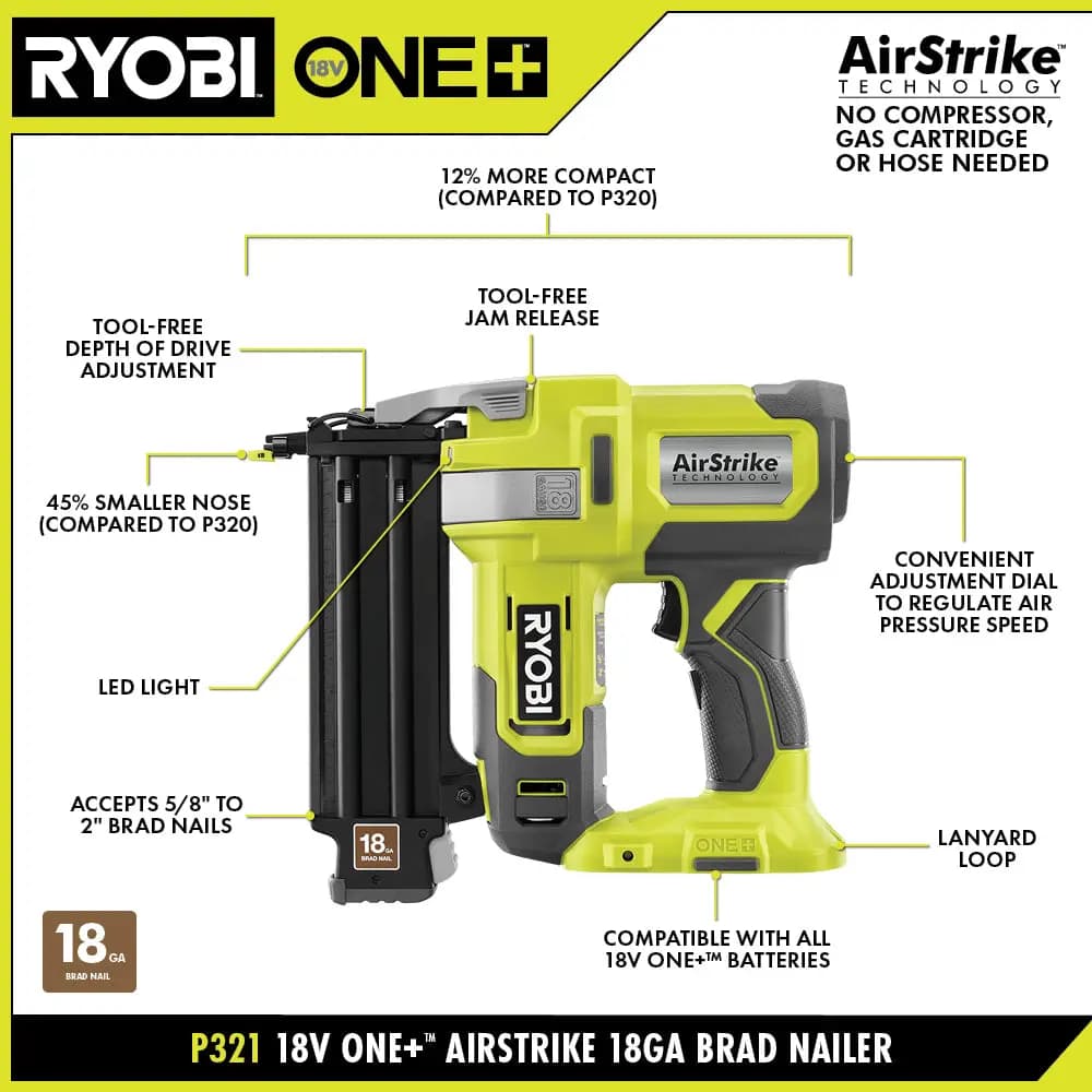 RYOBI 18V ONE+ AirStrike 18GA Brad Nailer [Type of Nails 18GA Brad Nails, Nail Range 5/8" to 2", Fastener Collation Glue Strip]