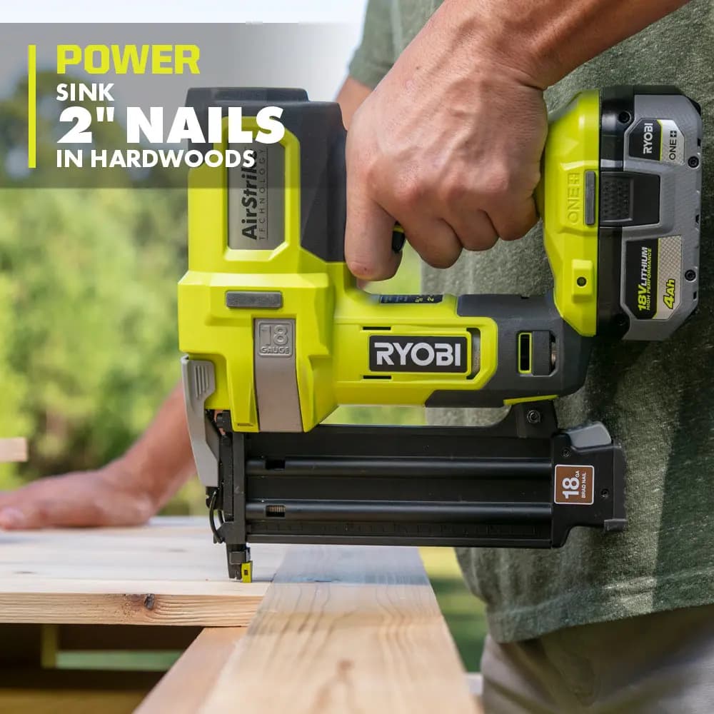 RYOBI 18V ONE+ AirStrike 18GA Brad Nailer [Type of Nails 18GA Brad Nails, Nail Range 5/8" to 2", Fastener Collation Glue Strip]