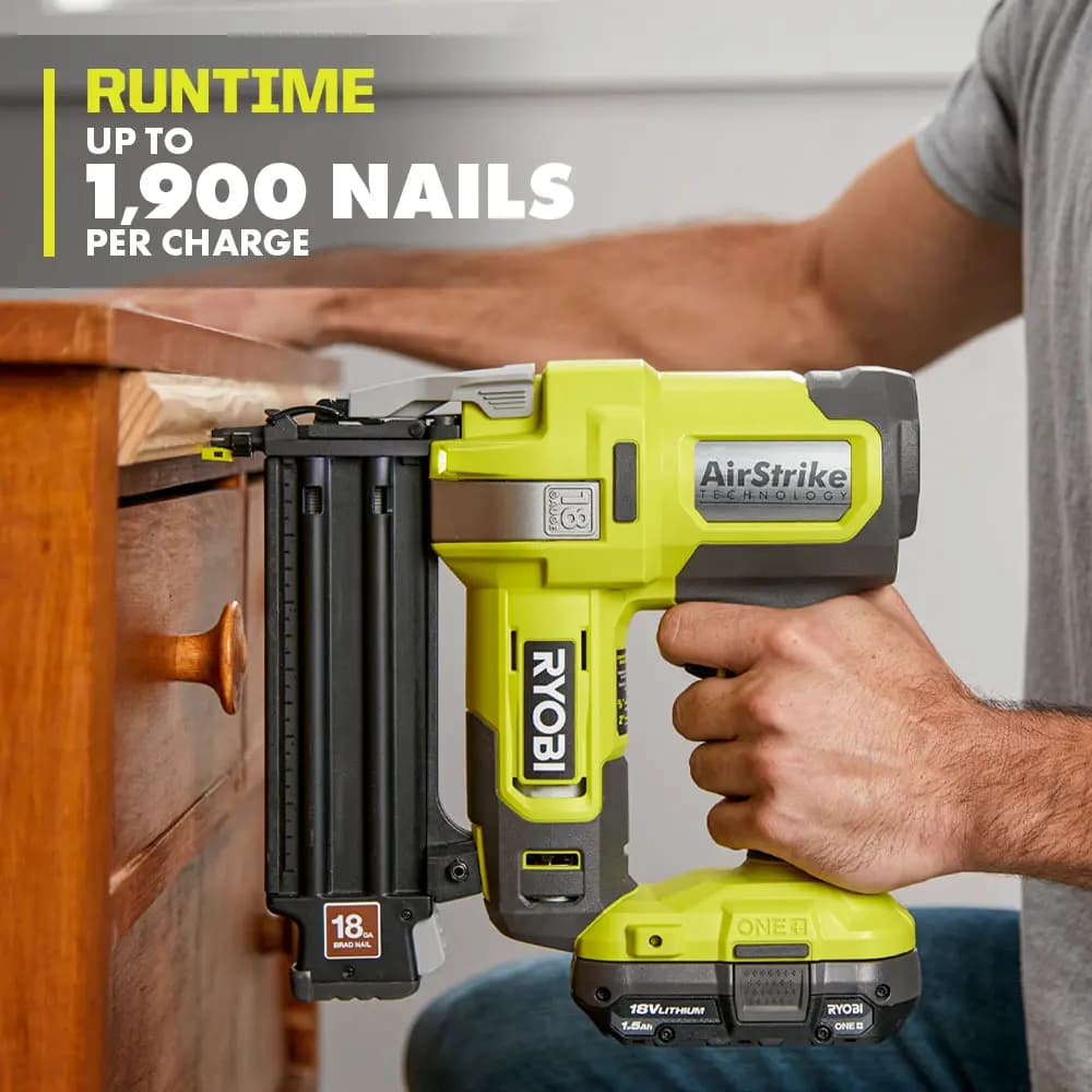RYOBI 18V ONE+ AirStrike 18GA Brad Nailer [Type of Nails 18GA Brad Nails, Nail Range 5/8" to 2", Fastener Collation Glue Strip]