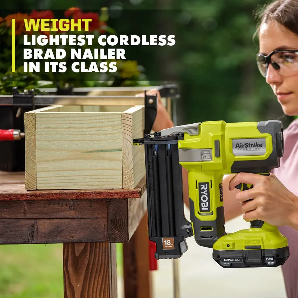 RYOBI 18V ONE+ AirStrike 18GA Brad Nailer [Type of Nails 18GA Brad Nails, Nail Range 5/8" to 2", Fastener Collation Glue Strip]