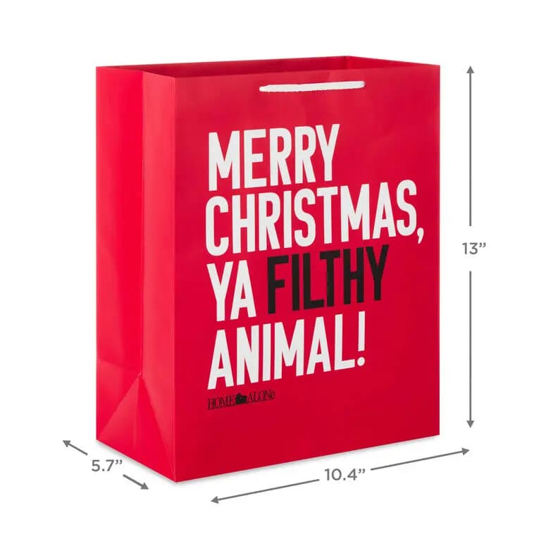 13" Home Alone Funny Quote Large Christmas Gift Bag [Merry Christmas, ya filthy animal!, Bag measures approx. 10.4" W x 13" H, 1, Made with paper sourced from respons]