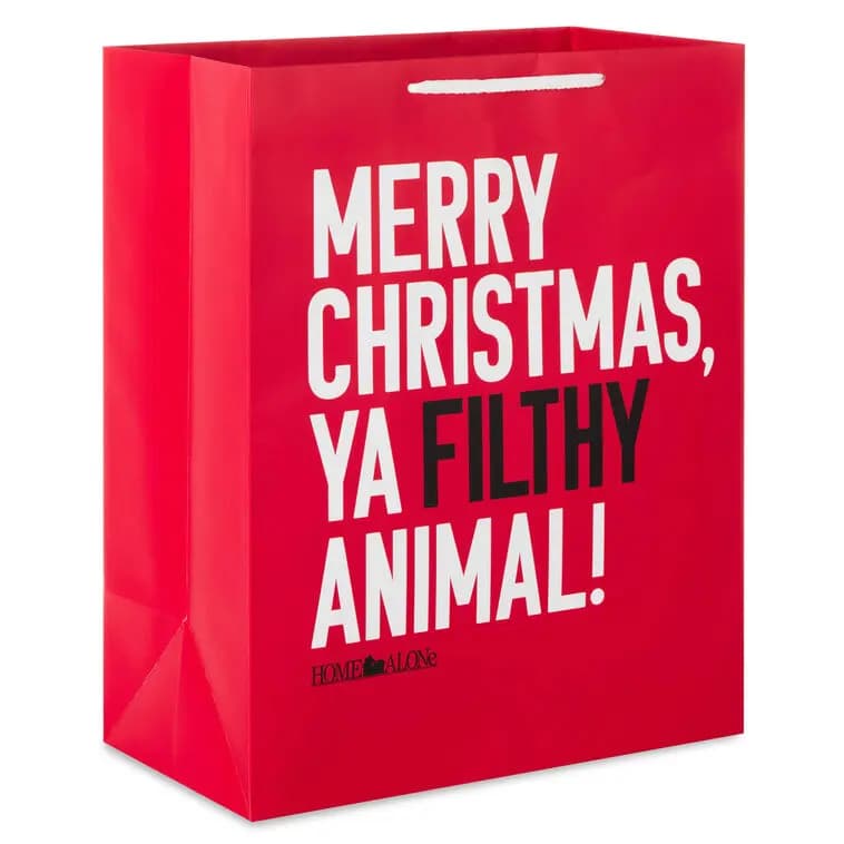 13" Home Alone Funny Quote Large Christmas Gift Bag [Merry Christmas, ya filthy animal!, Bag measures approx. 10.4" W x 13" H, 1, Made with paper sourced from respons]