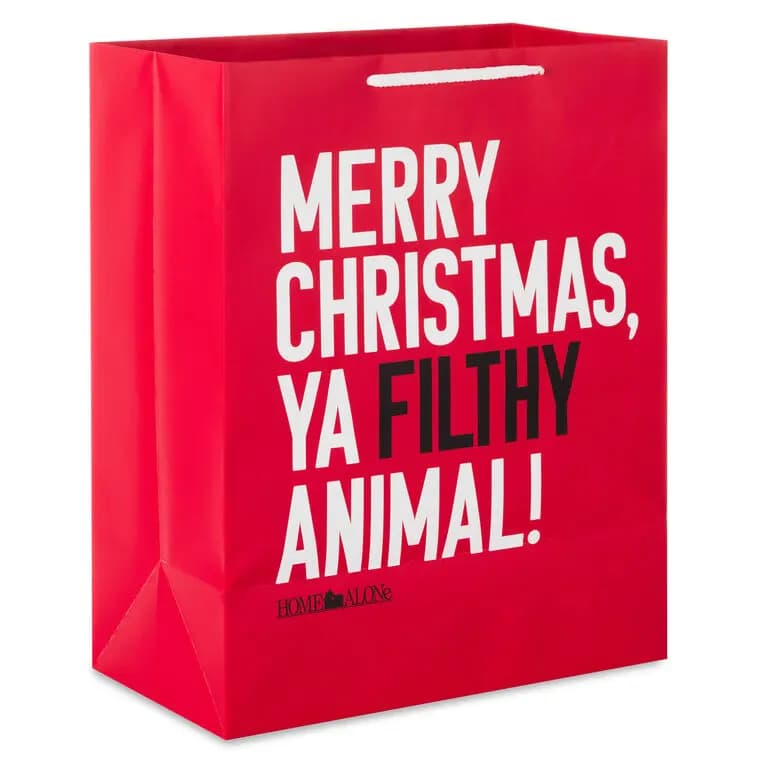 13" Home Alone Funny Quote Large Christmas Gift Bag [Merry Christmas, ya filthy animal!, Bag measures approx. 10.4" W x 13" H, 1, Made with paper sourced from respons]