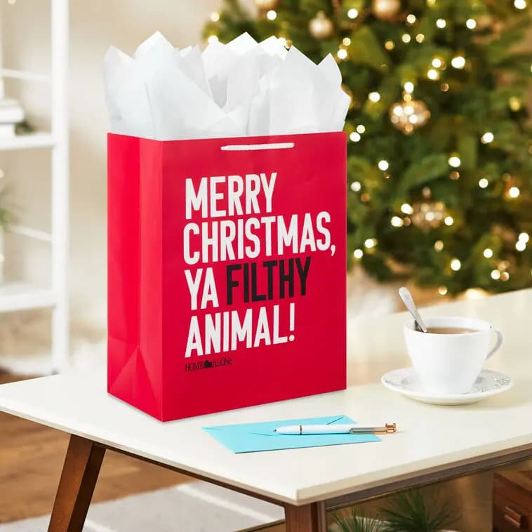 13" Home Alone Funny Quote Large Christmas Gift Bag [Merry Christmas, ya filthy animal!, Bag measures approx. 10.4" W x 13" H, 1, Made with paper sourced from respons]