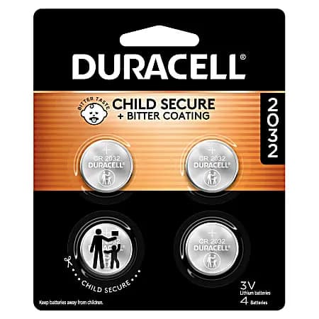 Duracell® 2032 3V Lithium Coin Batteries, Pack of 4 [battery capacity 220 mAh, Cell Type Lithium Ion, voltage 3 V, Warranty 10-Year Limited]