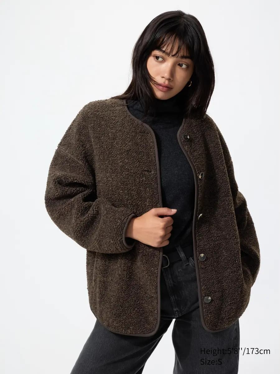 Uniqlo Pile Lined Fleece Relaxed Cardigan Dark Brown [Imported, Machine washable., Binder finish at the cuffs keeps cold air out.]