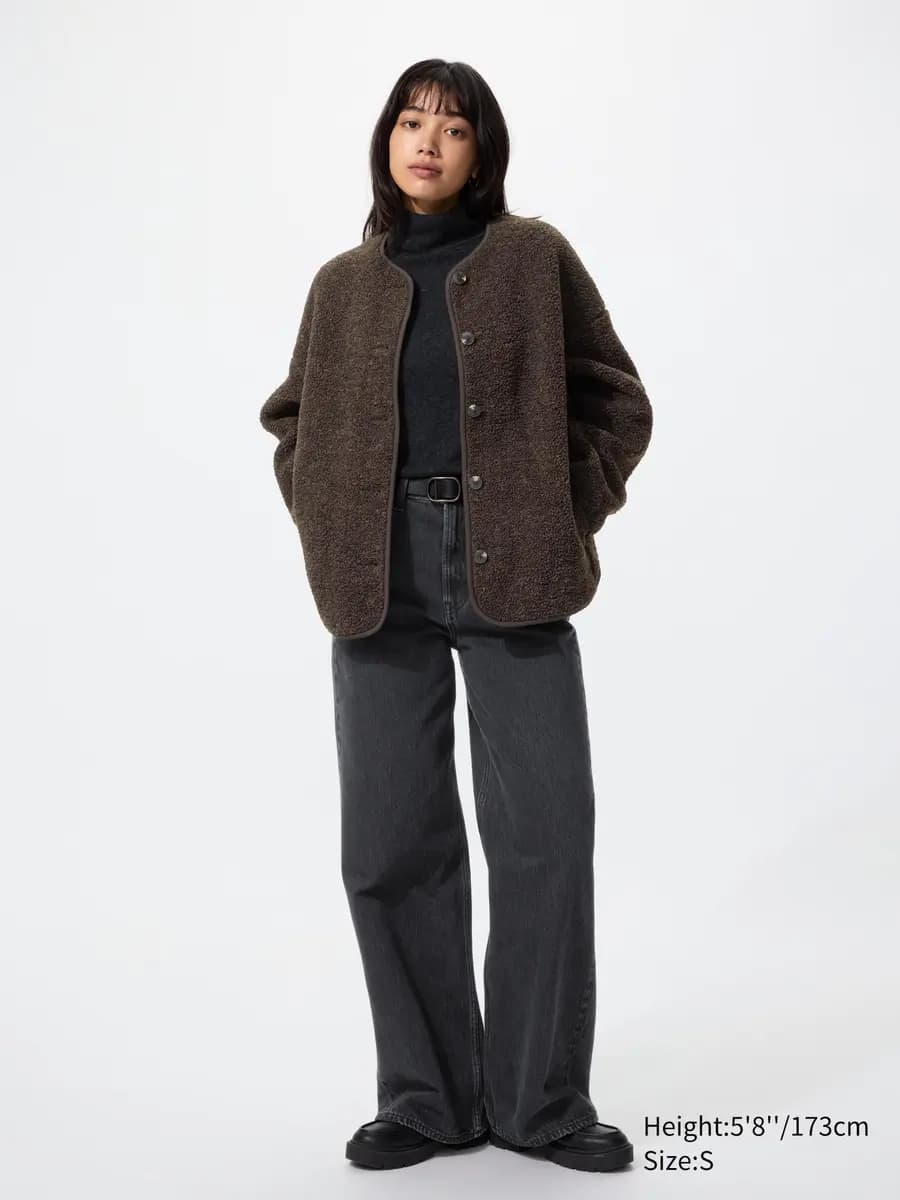 Uniqlo Pile Lined Fleece Relaxed Cardigan Dark Brown [Imported, Machine washable., Binder finish at the cuffs keeps cold air out.]