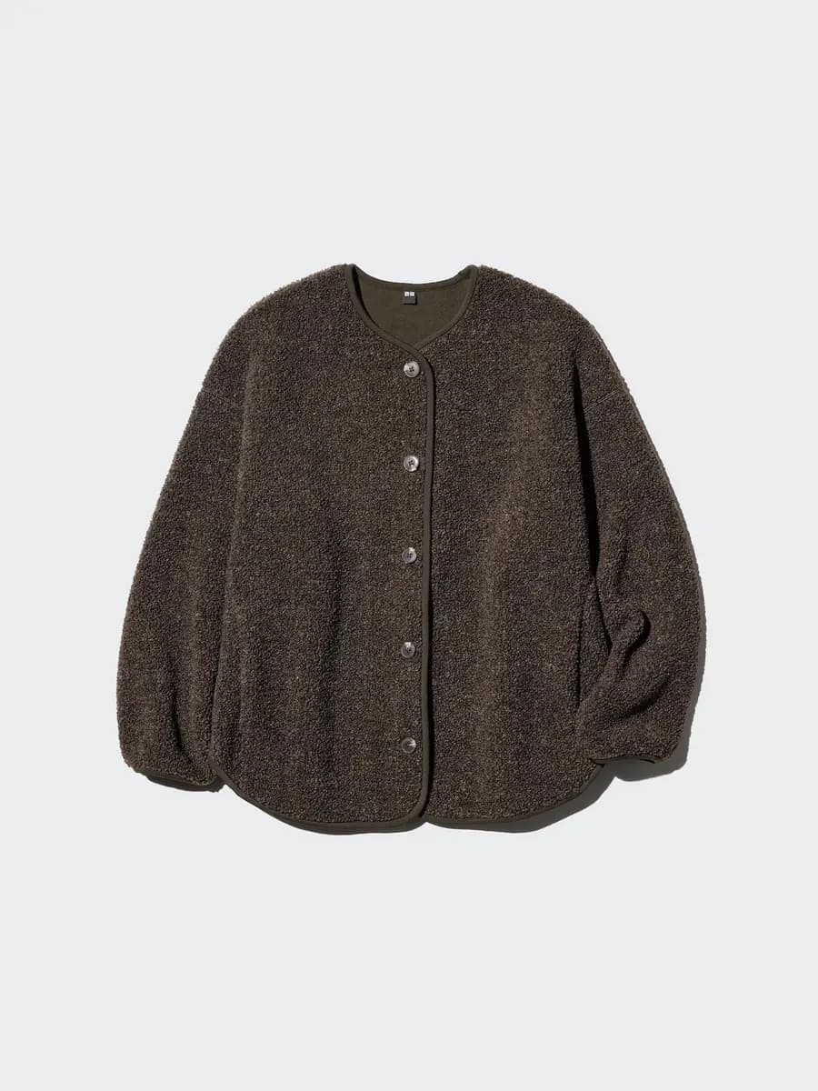 Uniqlo Pile Lined Fleece Relaxed Cardigan Dark Brown [Imported, Machine washable., Binder finish at the cuffs keeps cold air out.]