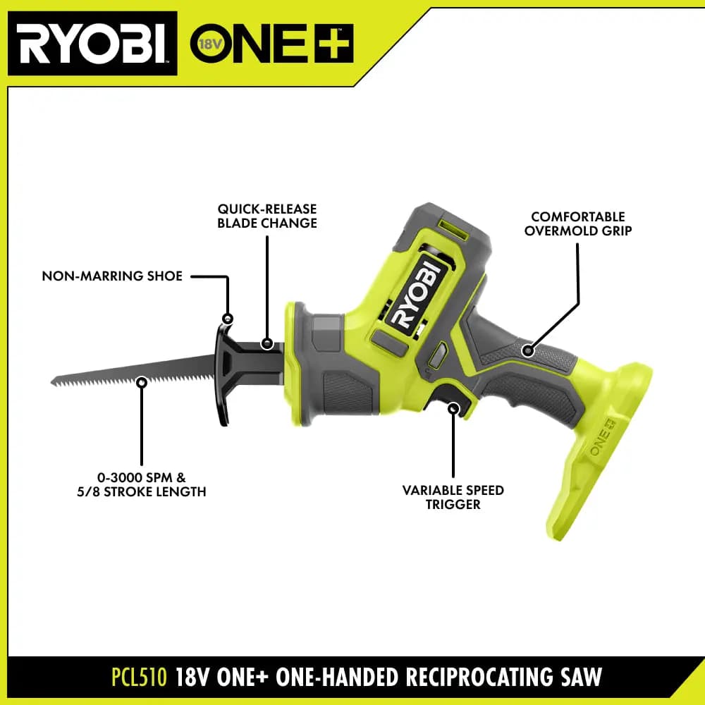 RYOBI 18V ONE+ One-Handed Reciprocating Saw Kit [Fuel Gauge Integrated LEDs, Capacity 2Ah, Voltage 18V]