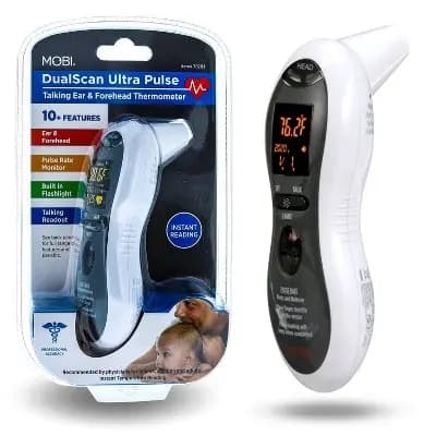 MOBI Ultra Pulse Digital Thermometer Talking Ear and Forehead Temp with Soft Probe Tip for All Ages: Battery Operated, Ambient Temperature Display [.15 Pounds, All Ages, Batteries]