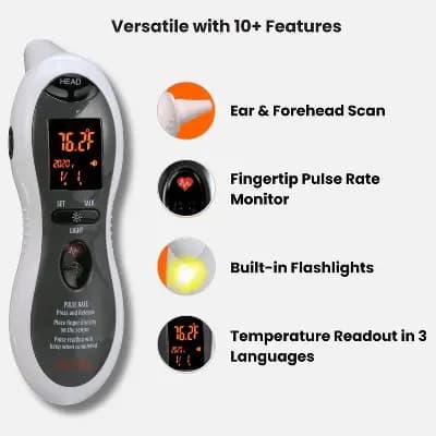MOBI Ultra Pulse Digital Thermometer Talking Ear and Forehead Temp with Soft Probe Tip for All Ages: Battery Operated, Ambient Temperature Display [.15 Pounds, All Ages, Batteries]