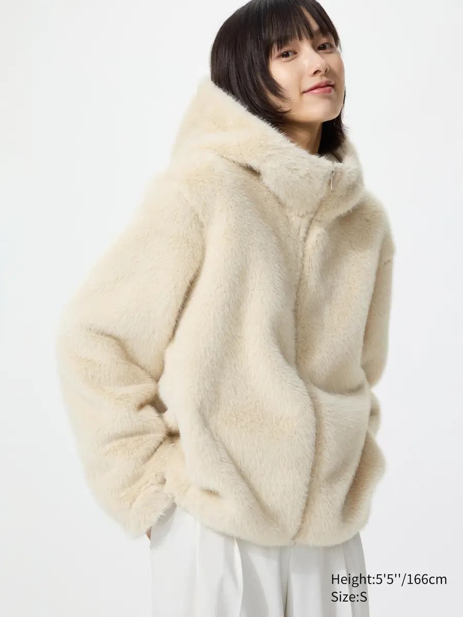 Uniqlo Faux Fur Hooded Jacket Natural [Imported, Well-balanced length., NATURAL]