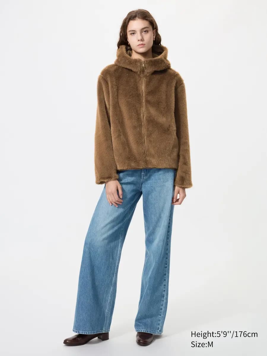 Uniqlo Faux Fur Hooded Jacket Natural [Imported, Well-balanced length., NATURAL]