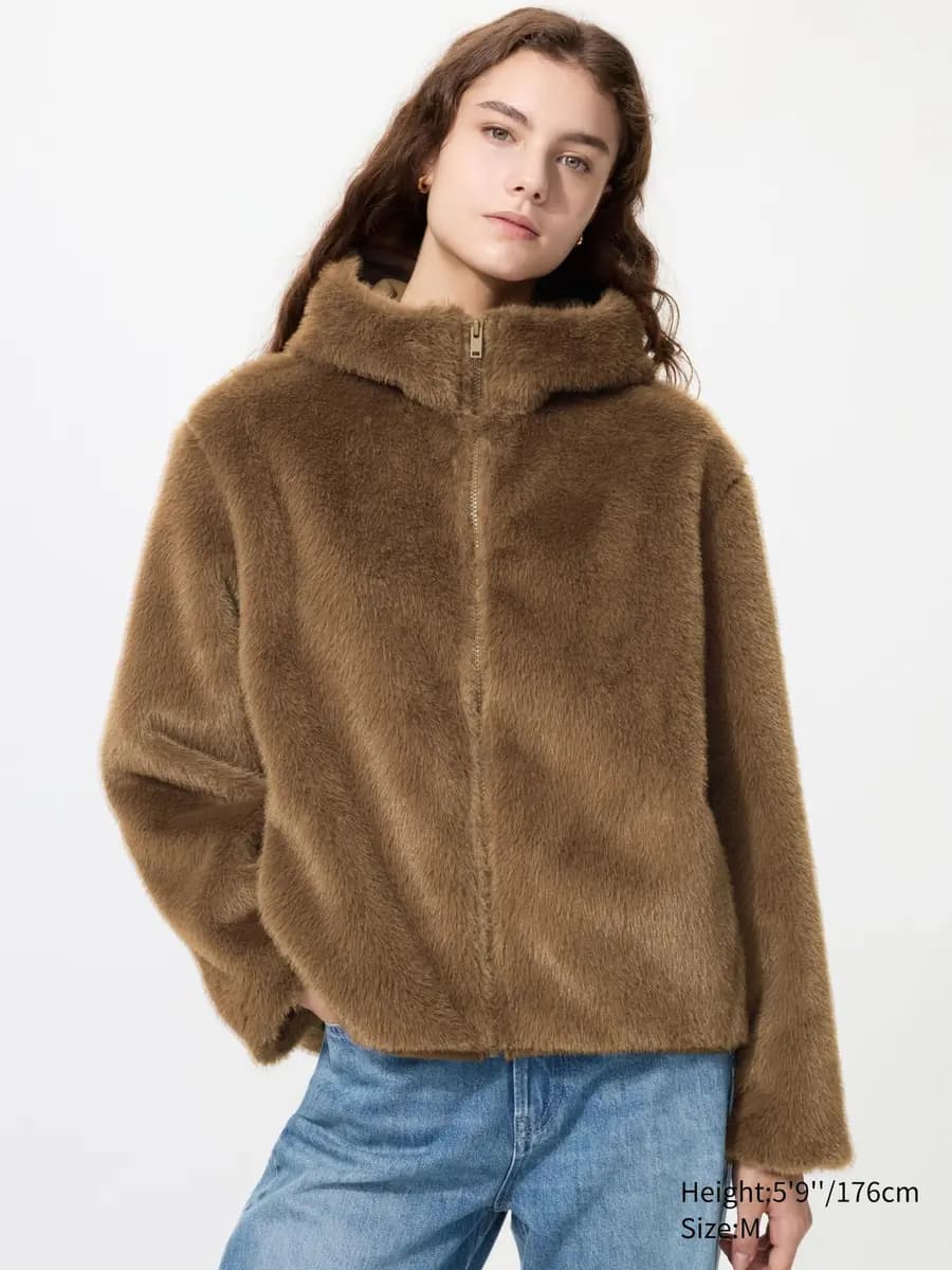 Uniqlo Faux Fur Hooded Jacket Natural [Imported, Well-balanced length., NATURAL]