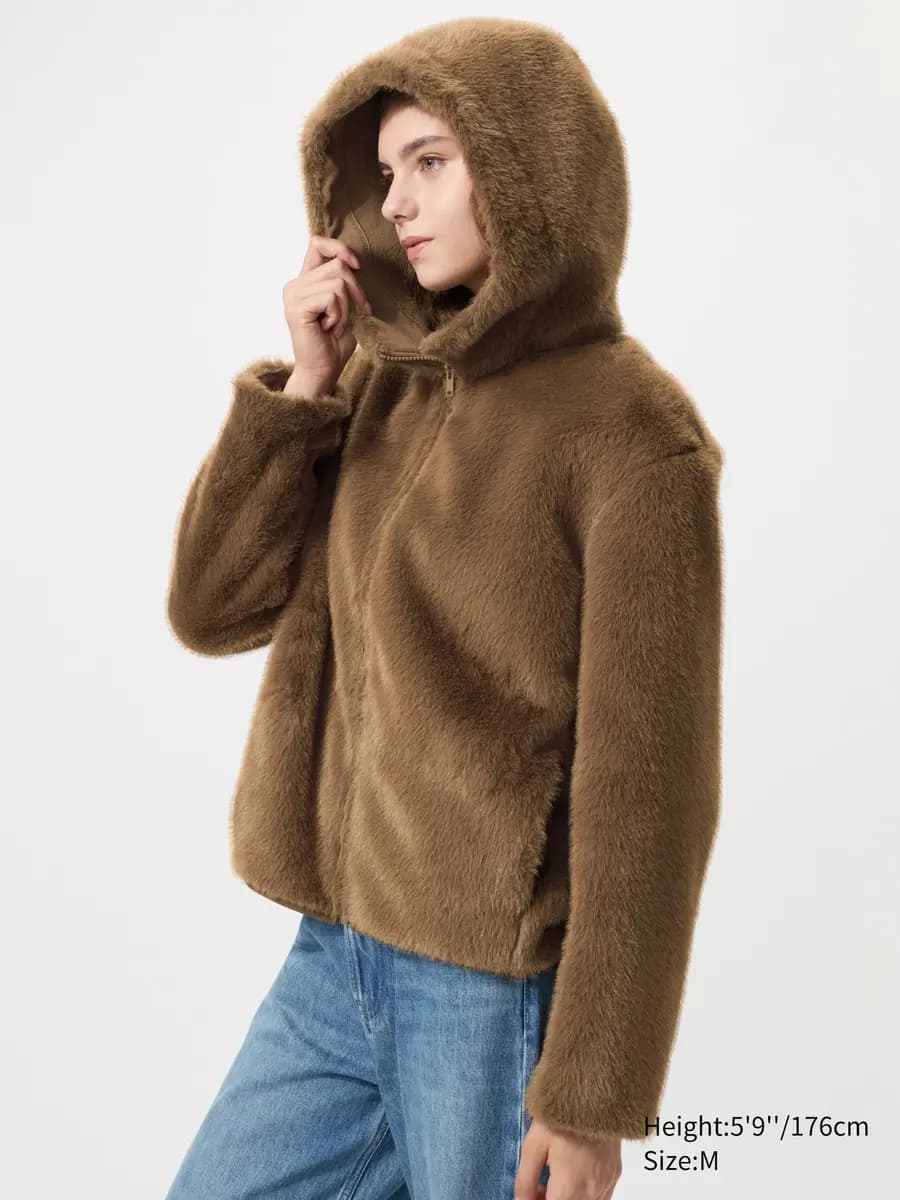 Uniqlo Faux Fur Hooded Jacket Natural [Imported, Well-balanced length., NATURAL]