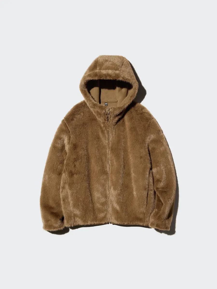 Uniqlo Faux Fur Hooded Jacket Natural [Imported, Well-balanced length., NATURAL]