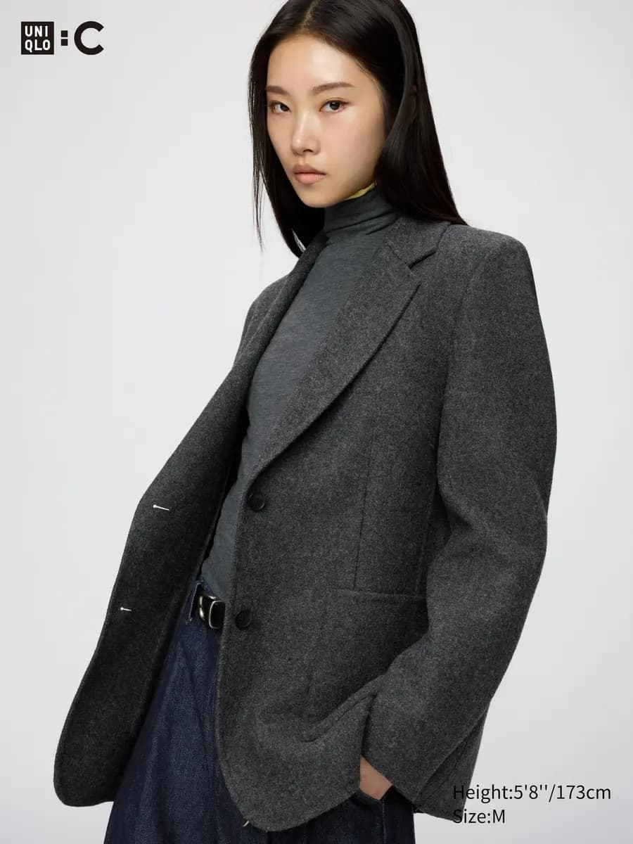Uniqlo Double Face Tailored Jacket Dark Gray [Imported, Do not wash, Dry clean, A relaxed, easy throw-on layer.]