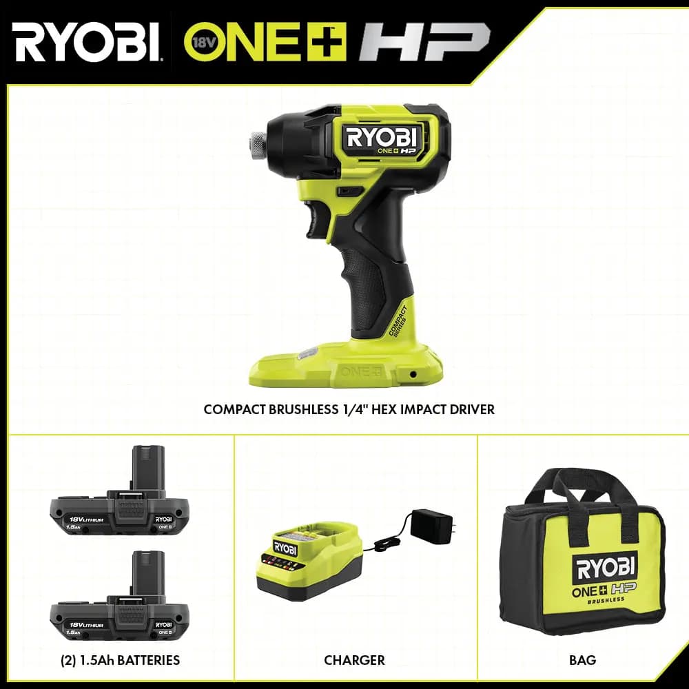 RYOBI 18V ONE+ HP Compact Brushless 1/4" Hex Impact Driver Kit [Fuel Gauge Integrated LEDs, Capacity 1.5Ah, Voltage 18V]