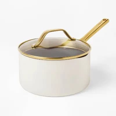 3qt Nonstick Ceramic Coated Aluminum Sauce Pan with Champagne Handle Cream - Figmint™ [8 Inches, 3.09 Pounds, Ceramic Nonstick]