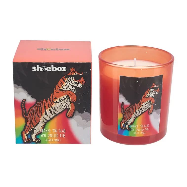 Shoebox Orange You Glad Blood Orange Scented Candle, 5 oz. [Dimensions 2.88" W x 3.23" H x 2.88" D, Count 1, Volume 5 oz., Scent Blood orange]