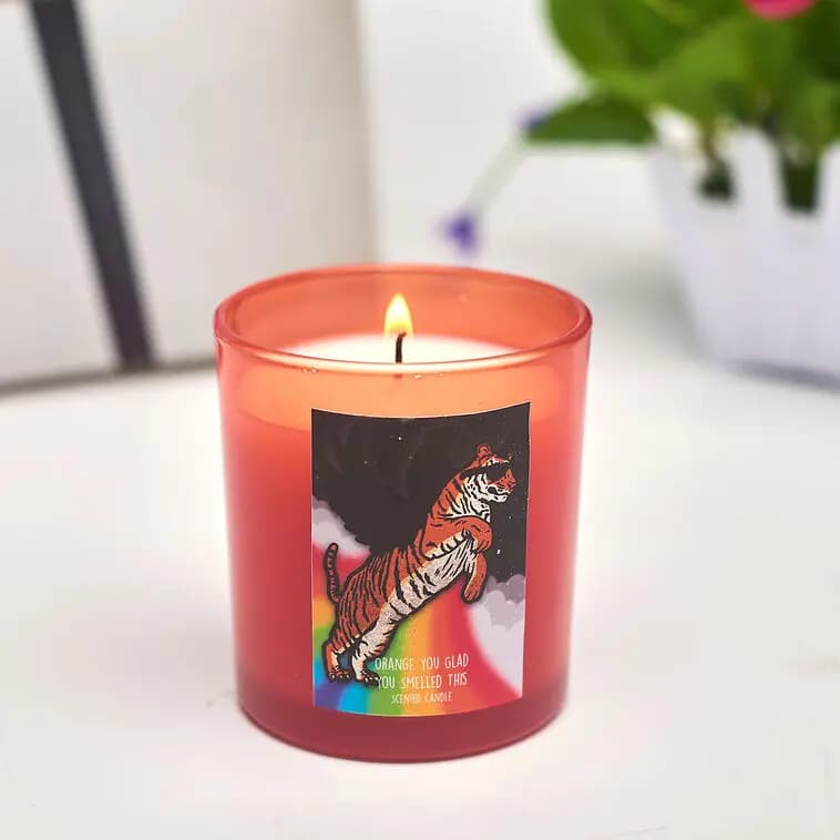 Shoebox Orange You Glad Blood Orange Scented Candle, 5 oz. [Dimensions 2.88" W x 3.23" H x 2.88" D, Count 1, Volume 5 oz., Scent Blood orange]