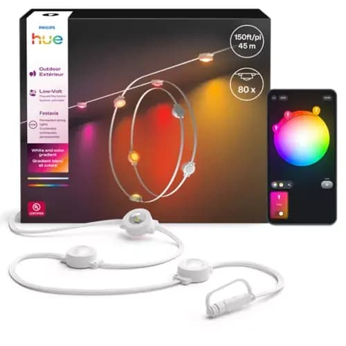 Philips Hue Festavia permanent outdoor lights 150 ft white string [046677607647, White, Plastic]